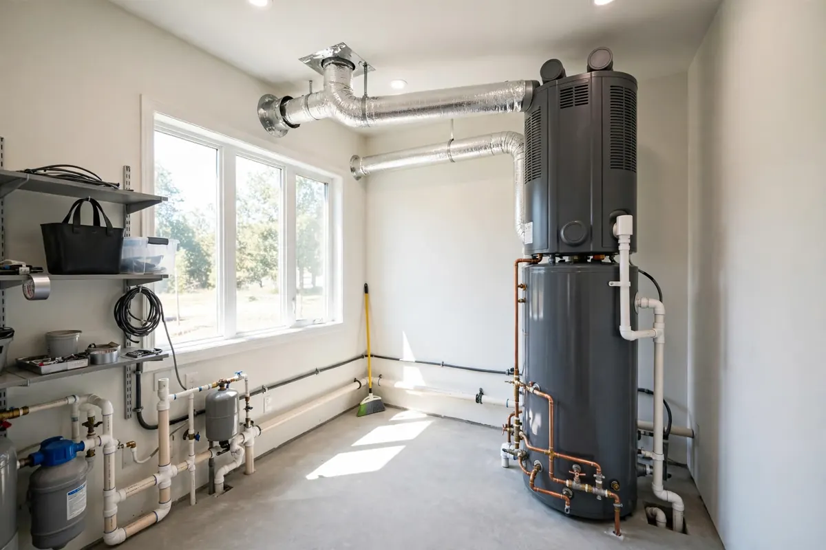 Hybrid heat pump water heater installed in a Colorado utility room