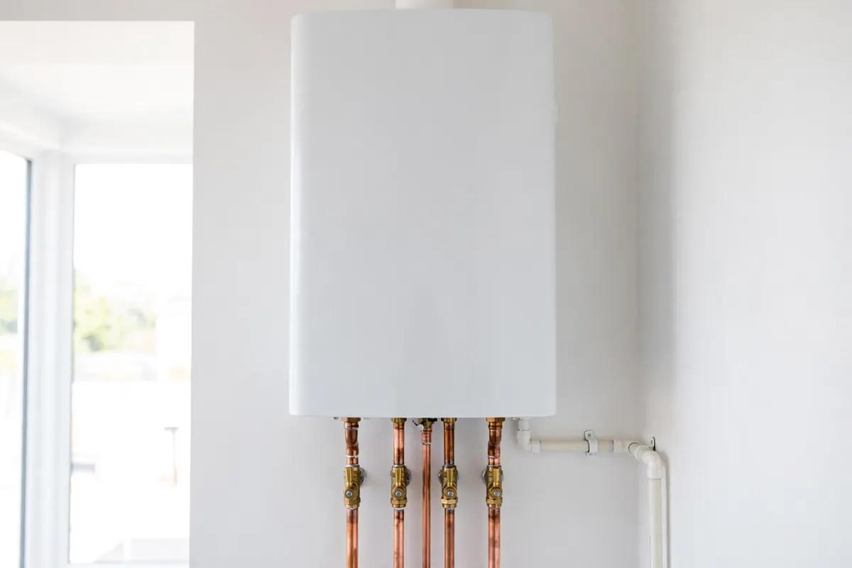 Wall-mounted tankless water heater with copper piping installed in a Federal Heights, CO home