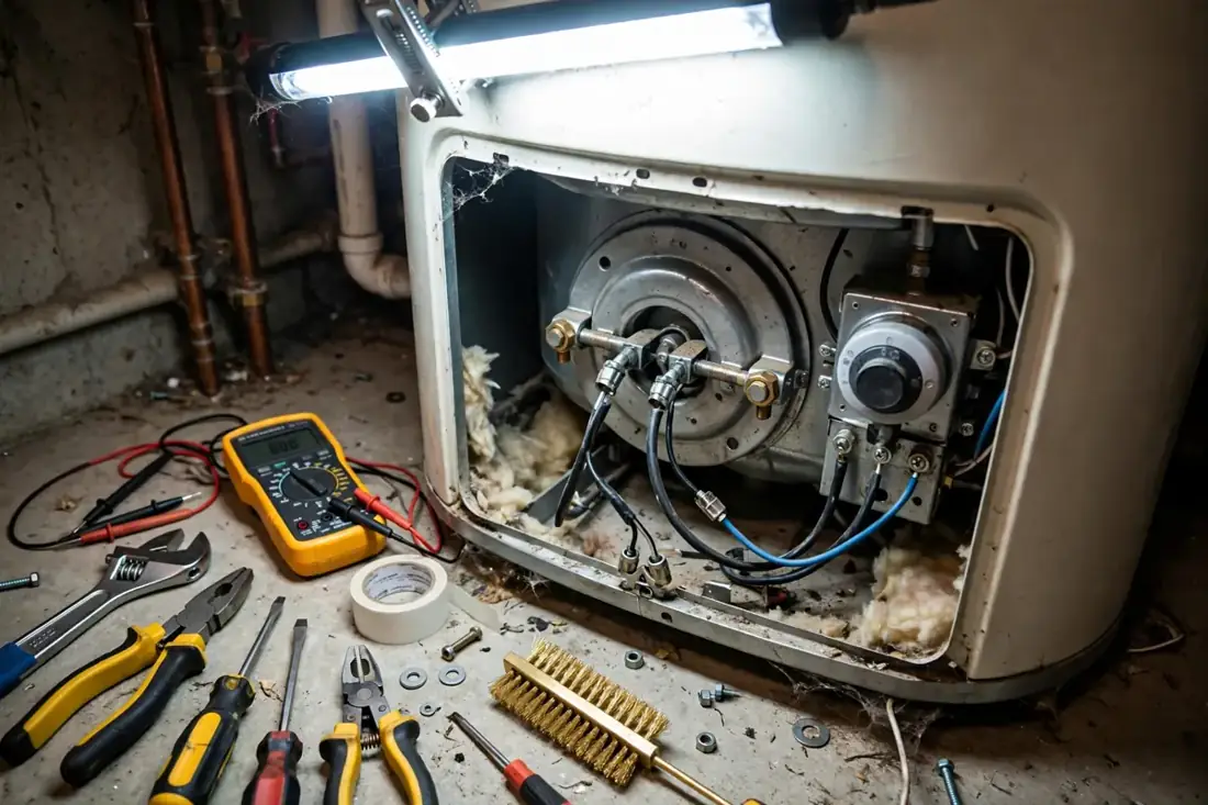 Water heater maintenance tools and a multimeter beside a tank water heater in Colorado